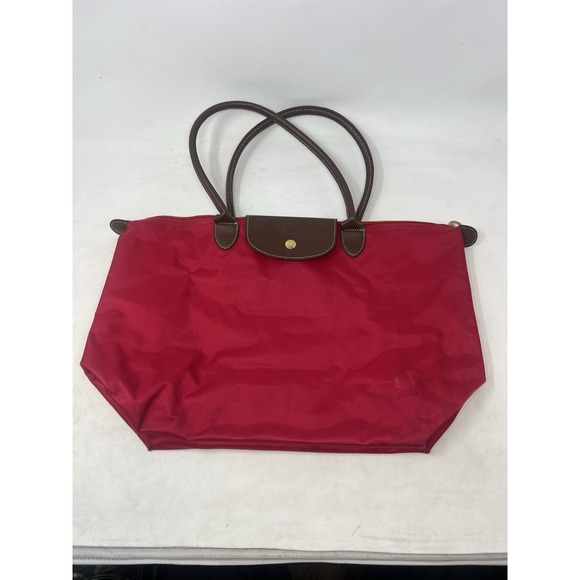 Longchamp Handbags - LONGCHAMP Le Pliage Large Red Nylon Packable Tote Bag Purse Leather Top Handle